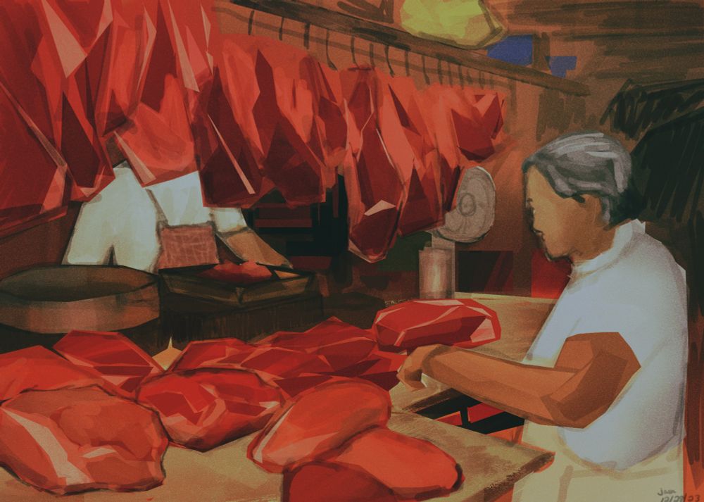 digital art of a meat market in the philippines. there’s meat hanging from a ceiling and meat on tables, a woman with gray hair on the far right looking at the meat and a man on the other side of the table (far left) wearing a red apron
