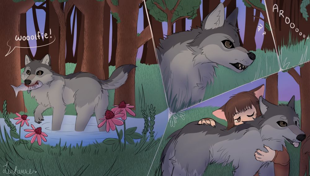 A piece showcasing different parts of a dream I had where I went into the woods to find my friend Wolfie! The first panel has a speech bubble that reads "Wooolfie!" and there's text on the far right showcasing a distant howl! There is no particular order to the panels!