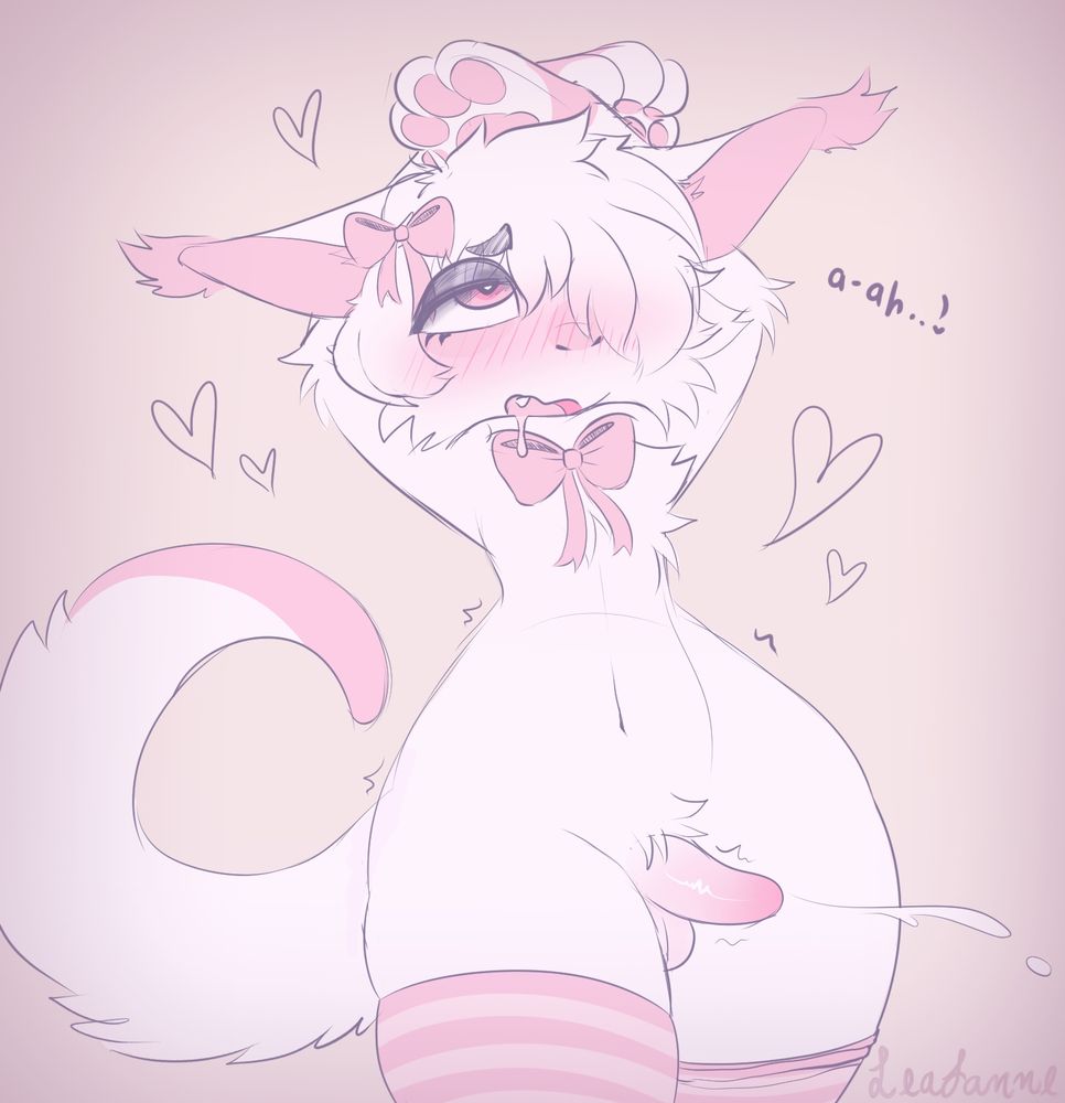 Beau the fluffy dragon squirting a load of cum as he stands upright, his hands above his head and one of thigh-high socks rolling down. He has a pleasure expression as the text next to him reads "a-ah..!" as he finishes without any stimulation to his dick. 