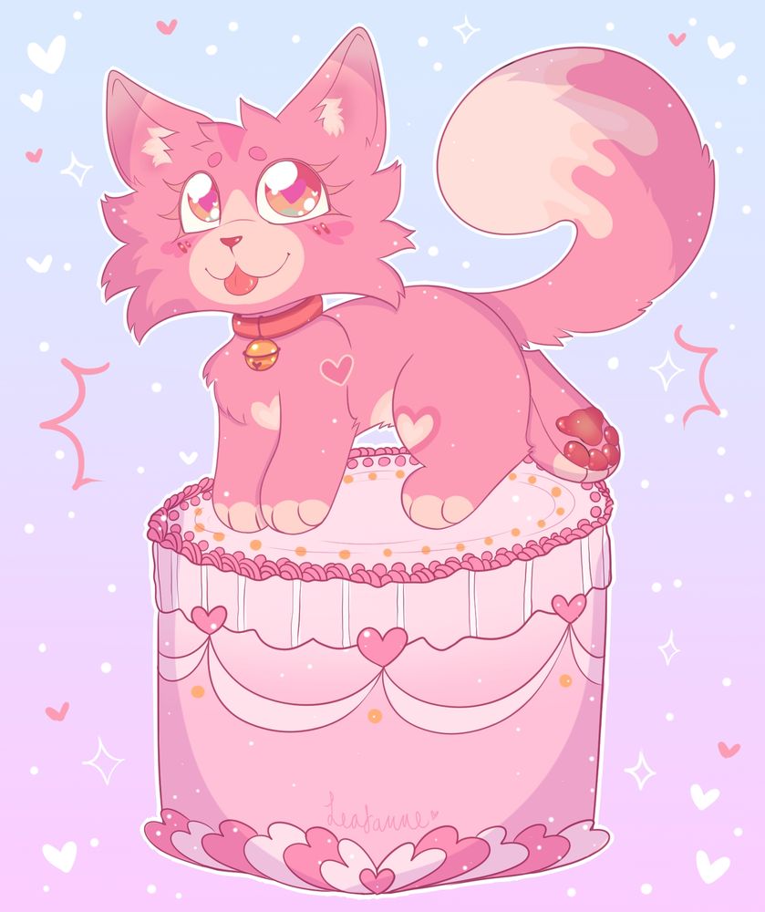 a pink cat character standing atop a pink cake! Sparkles surround the image and had a blue and pink gradient background.