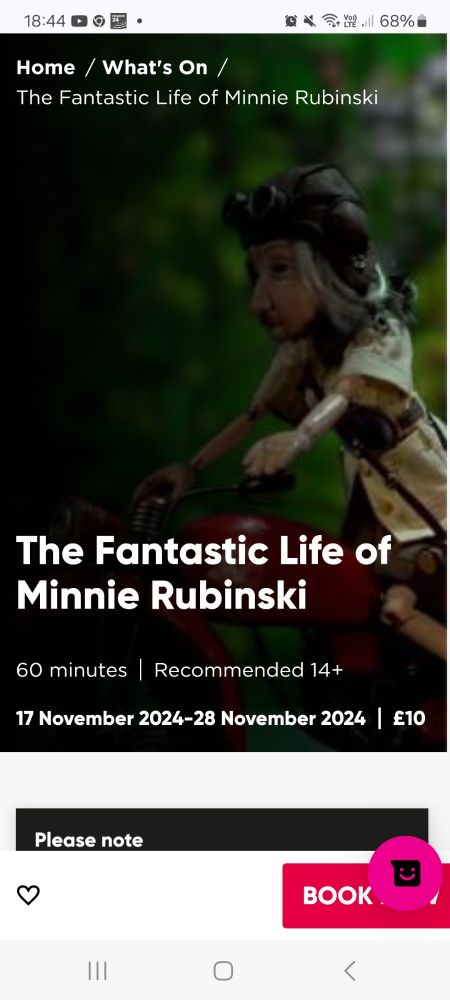Screenshot of a puppet of an old woman riding a motorbike through green woodland.

Advert for The Fantastic Life of Minnie Rubinski at JW3 London 