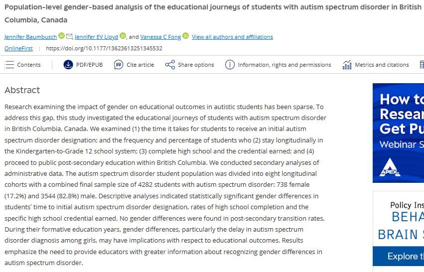 Population-level gender-based analysis of the educational journeys of students with autism spectrum disorder in British Columbia, Canada
https://journals.sagepub.com/doi/10.1177/13623613251345532