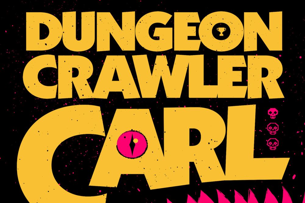 The image features the words "DUNGEON CRAWLER CARL" in a stylized, bold font, likely as a logo or title for the series.
