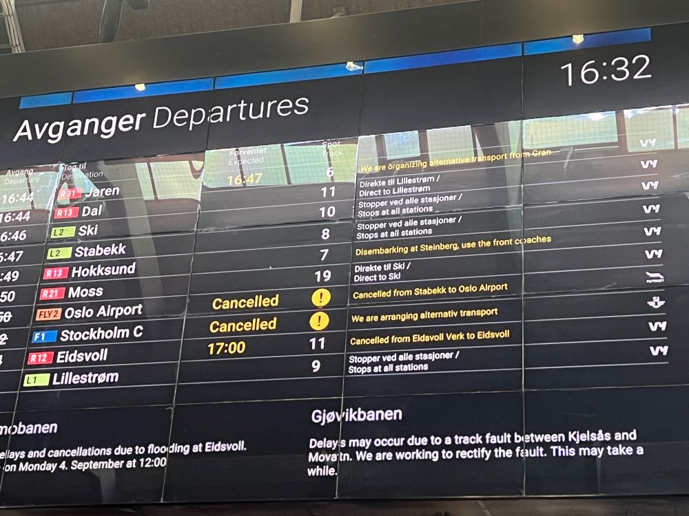 Tavla i avgangshallen på Oslo S. Toget til Stockholm er kansellert.