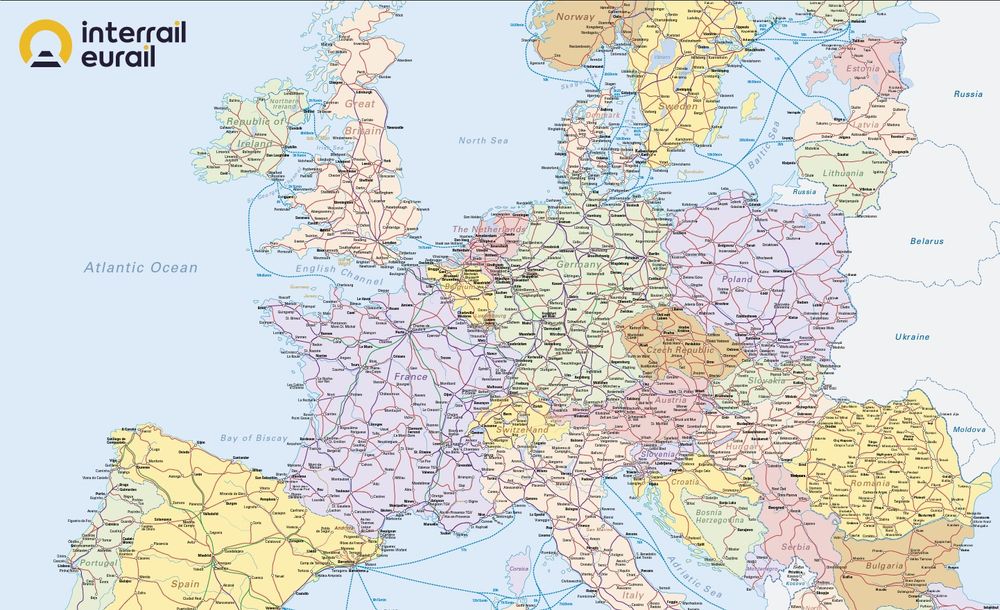 Interrailkart med oversikt over toglinjer i Europa.