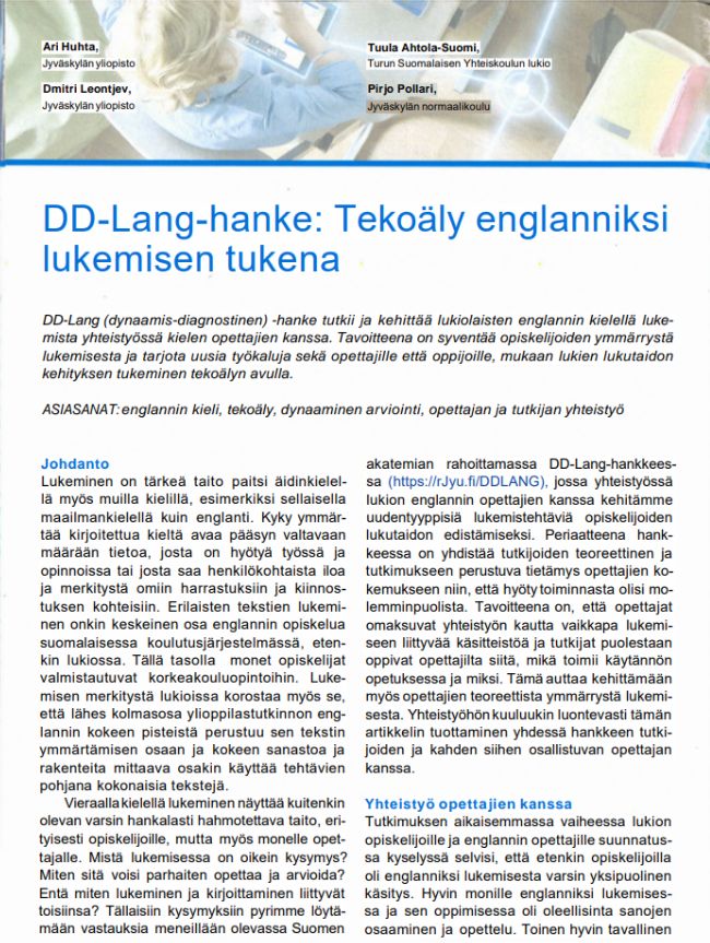 DD-Lang team's paper in Kielikukko - the Journal of the Finnish Reading Association