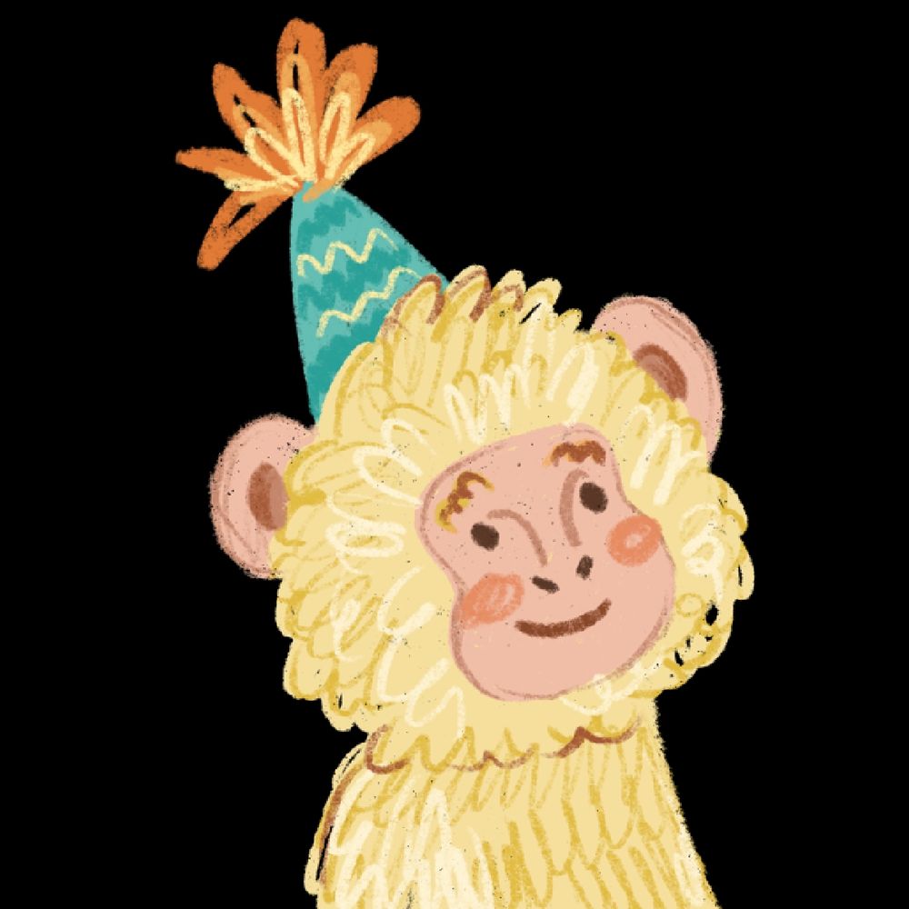 A portrait of a monkey with golden yellow fur wearing a party hat