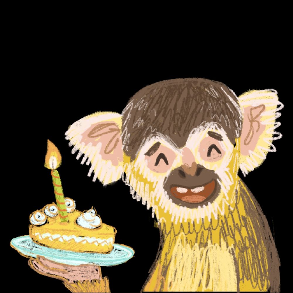 A squirrel monkey smiling and holding a yellow slice of pie with a candle 