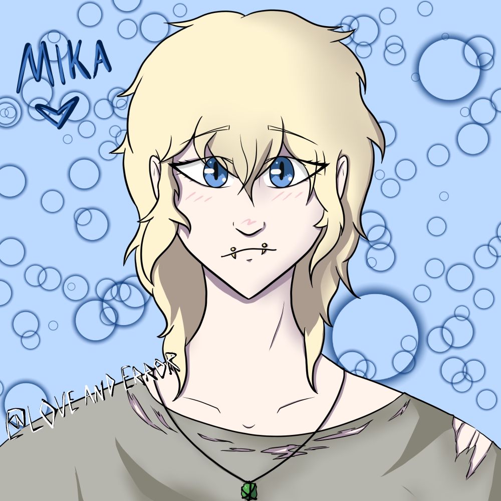 Mika from Seraph of the end fanart with piercings, a ripped shirt, and a necklace with a green rock on it