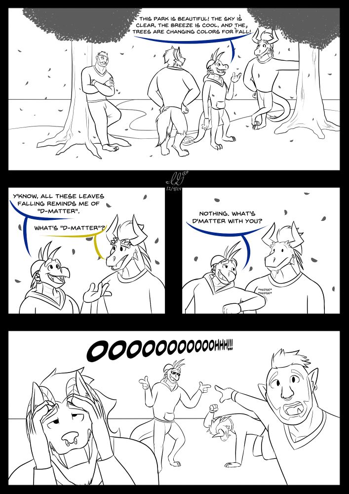 Humorous comic of Bright (smaller dragon) pulling a clever play on words against Daxis (bigger dragon), with friends witnessing the excellently executed Chad move.