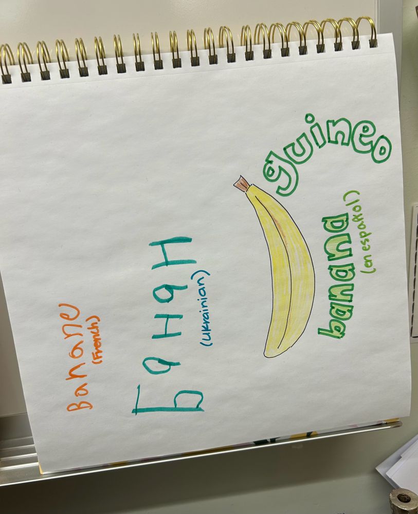 Page of class dictionary showing the word banana in Spanish, Ukrainian and French 