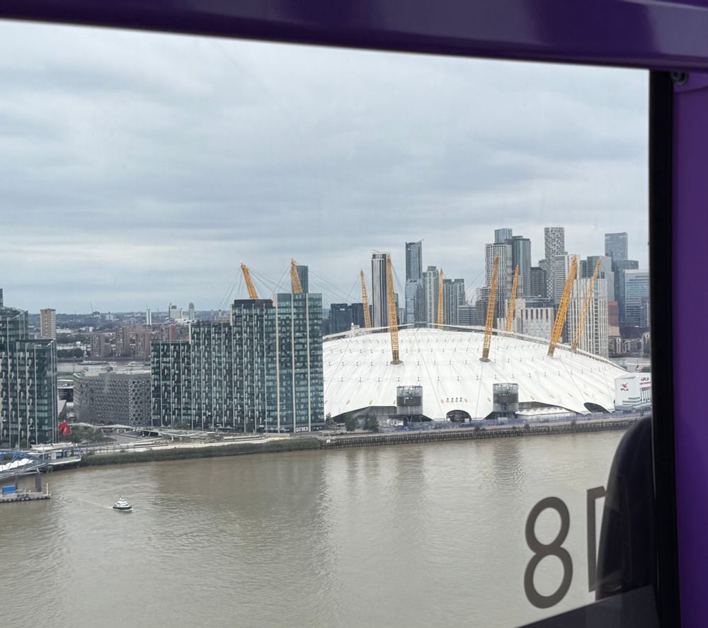View of the O2 and surrounding areas and the River Thames from the cable car.