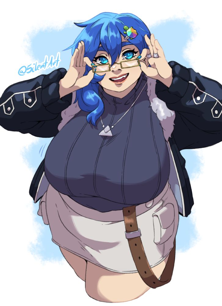 Half body artwork of a chubby, blue haired woman looking up at the viewer and fixing the position of her glasses. She's wearing a white skirt with a belt hanging from her waist, a gray sweater with a triangle necklace and a puffy leather jacket with fur on the collar. Her hair is over her right shoulder and in it she's wearing a pin of a turtle with a color wheel for a shell.
