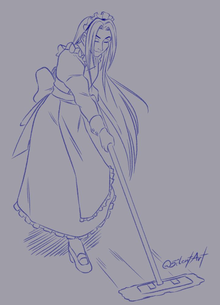 Monochrome Lineart of Sephiroth from the Final Fantasy franchise in a maid dress mopping the floor.