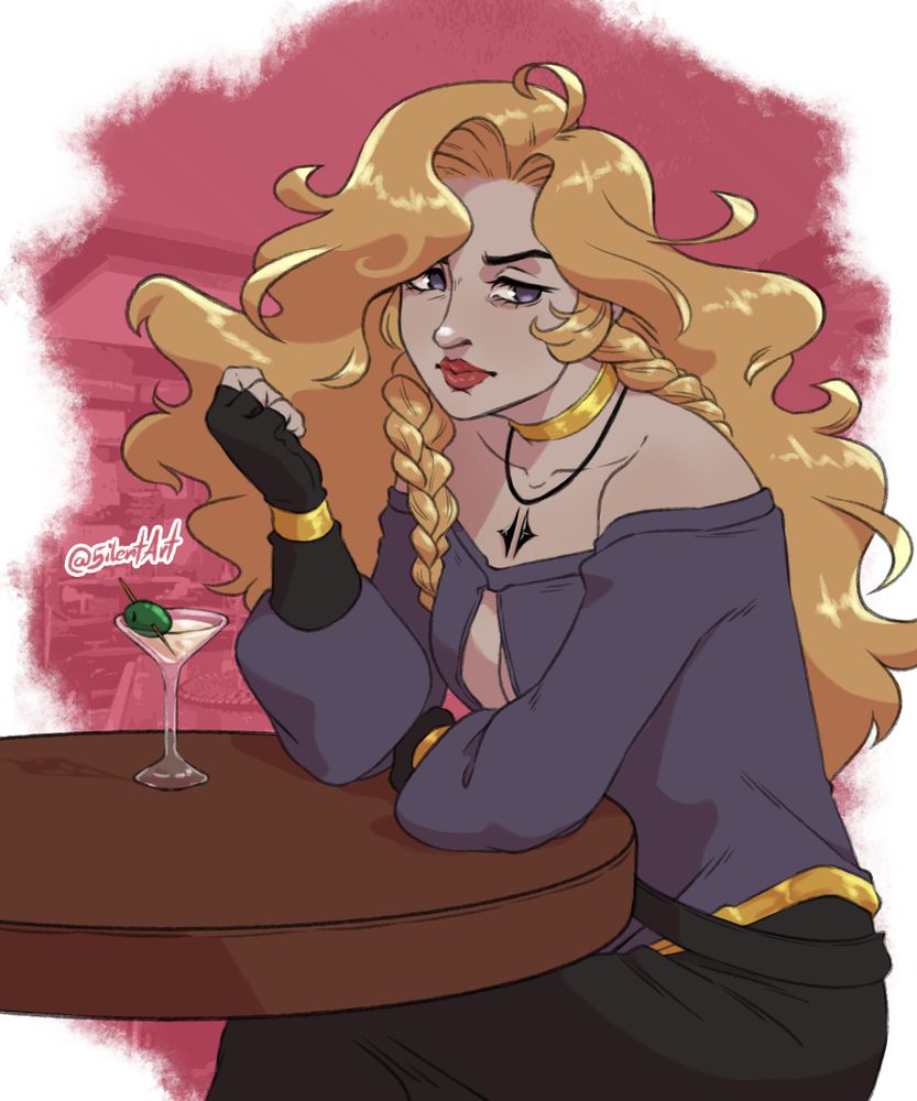 Half body artwork of kJech's OC Yrsa sitting at a small table with a coctail glass on it.