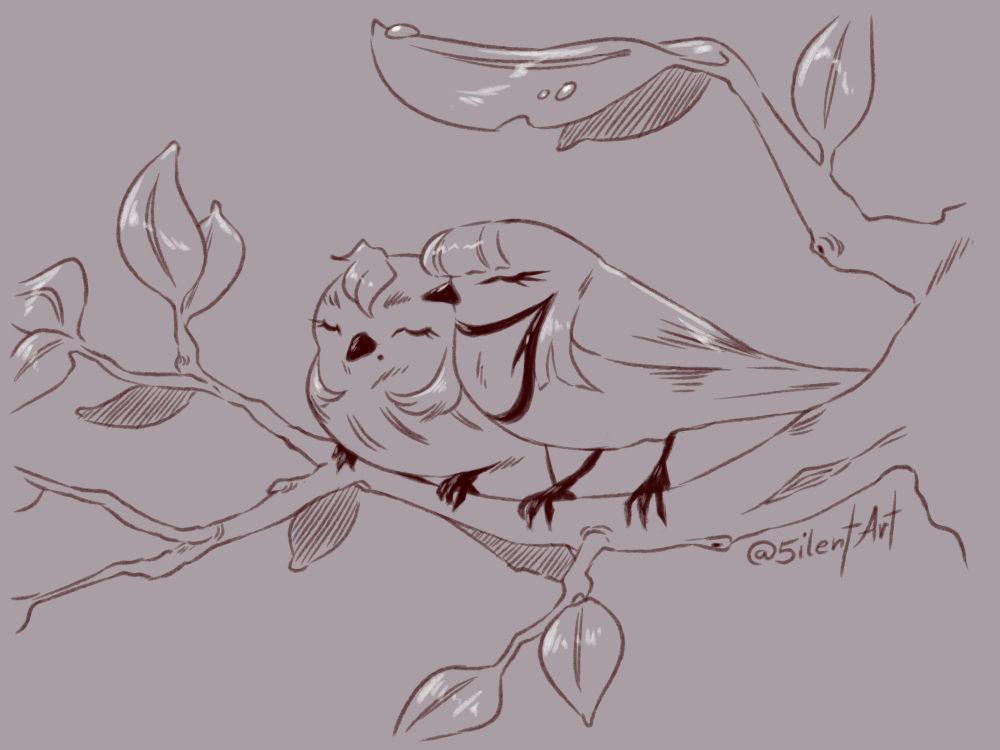 Lineart drawing of my OCs Isabelle and Béatrice as two little tit birds sitting on a branch, close together and dozing off.