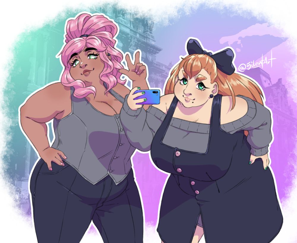 Artwork of two OCs, my Isabelle and DeadAngelCat's Silence, posing together in color matching outfits taking a mirror selfie. Silence, on the left, is a fat woman with pink hair and green eyes with star shaped pupils. She's rocking dark, high waisted pants and a gray, sleeveless vest on the top. She's posing with her right hand on her hip and showing a peace sign with extended thumb with her left.
Isabelle, another fat woman with ginger hair and green eyes, on the other side is posing by leaning forward with her left hand on the hip and the right hand holding up her phone to take a picture. she's wearing a dark overall dress on top of a gray, shoulderless knitted sweater. The background is a posterized image of the entrance to the Louvre, color shifted to a green, blue and purple gradient.