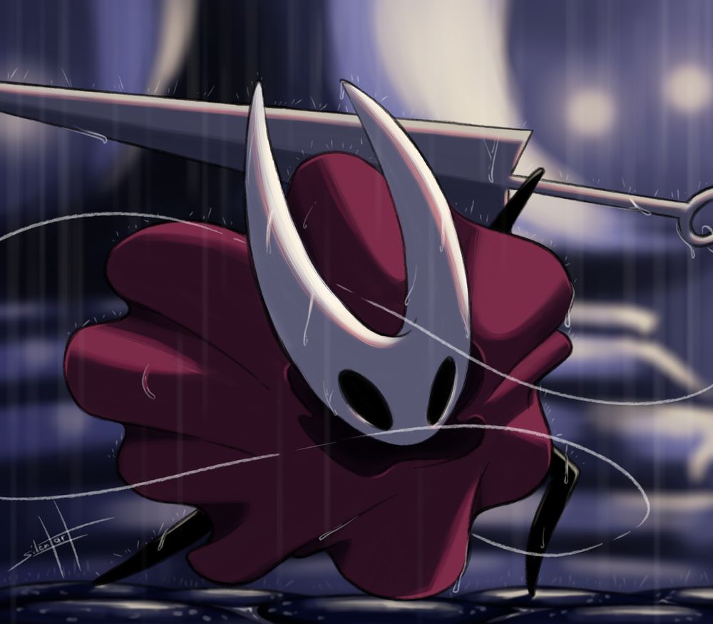 Redraw of a cutscene of Hollow Knight in which Hornet jumps down in front of the Knight in the City of Tears.