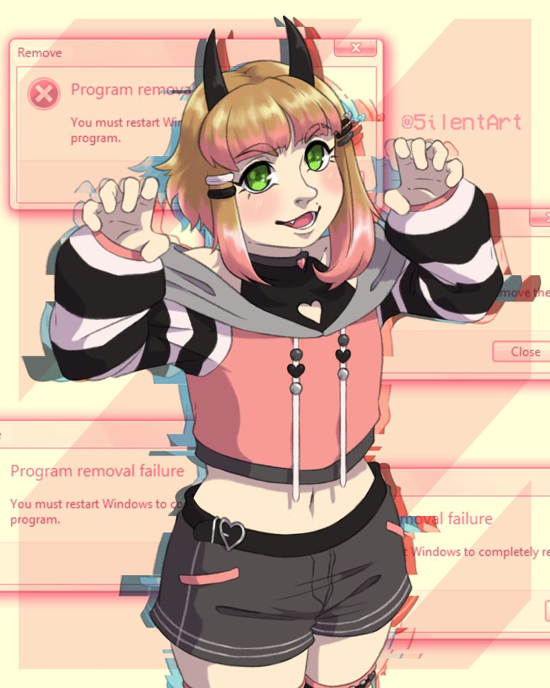 Artwork of Vtuber Dawnyaan standing up straight while raising their hands up into claws. The background is a variety of Windows error notifications.