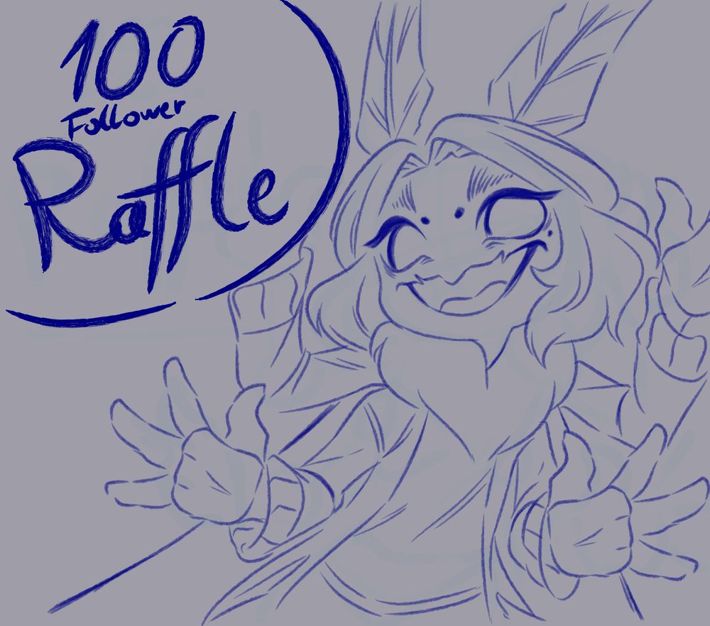 Picture of an anthropomorphic character striking a cheerful pose with a text bubble that says "100 Follower raffle"