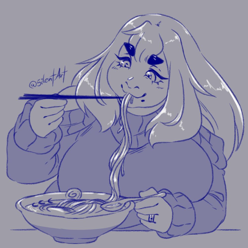 Monochrome drawing of my oc Isabelle, a short, fat woman with a big blue shoulder-free sweater and fluffy ginger hair, eating a bole of Ramen in the same way as Super Pochaco in the "get ready for fat girl fall" meme