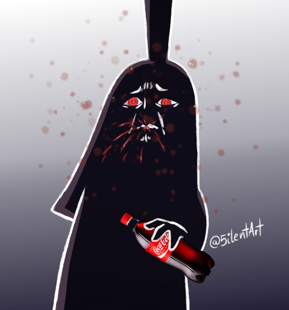 Bad drawing of the character Imu from One Piece curiously holding a bottle of Coca Cola after having taken a sippy and spitting it all out again.