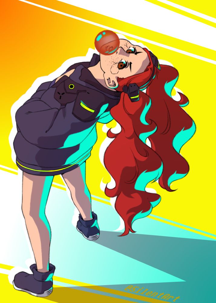 Artwork of ZeliaVee's OC Grizette wearing a cosplay of Rebecca from Cyberpunk Edgerunners. She's facing away from the viewer but leaning far back in a cocky pose so that she can see behind her and look at the viewer.