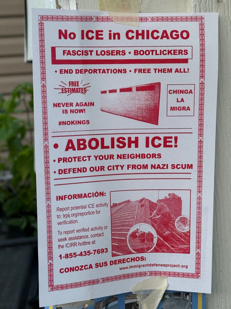 A flyer with red ink text/graphics in the style of those made by contractors selling their services, but with content about Abolishing ICE. It's taped to the side of a garage door and includes information about who to contact if you see ICE activity and links to Know Your Rights information. 
