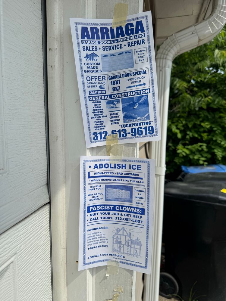 An 8 1/2 x 5 1/2“ flyer posted on the side of a garage in Chicago’s Avondale neighborhood. It calls for ICE to be abolished and is designed in the style of contractor flyers. These flyers are a common site in many Chicago neighborhoods and you can see from other flyers in these photos how similar this design looks.