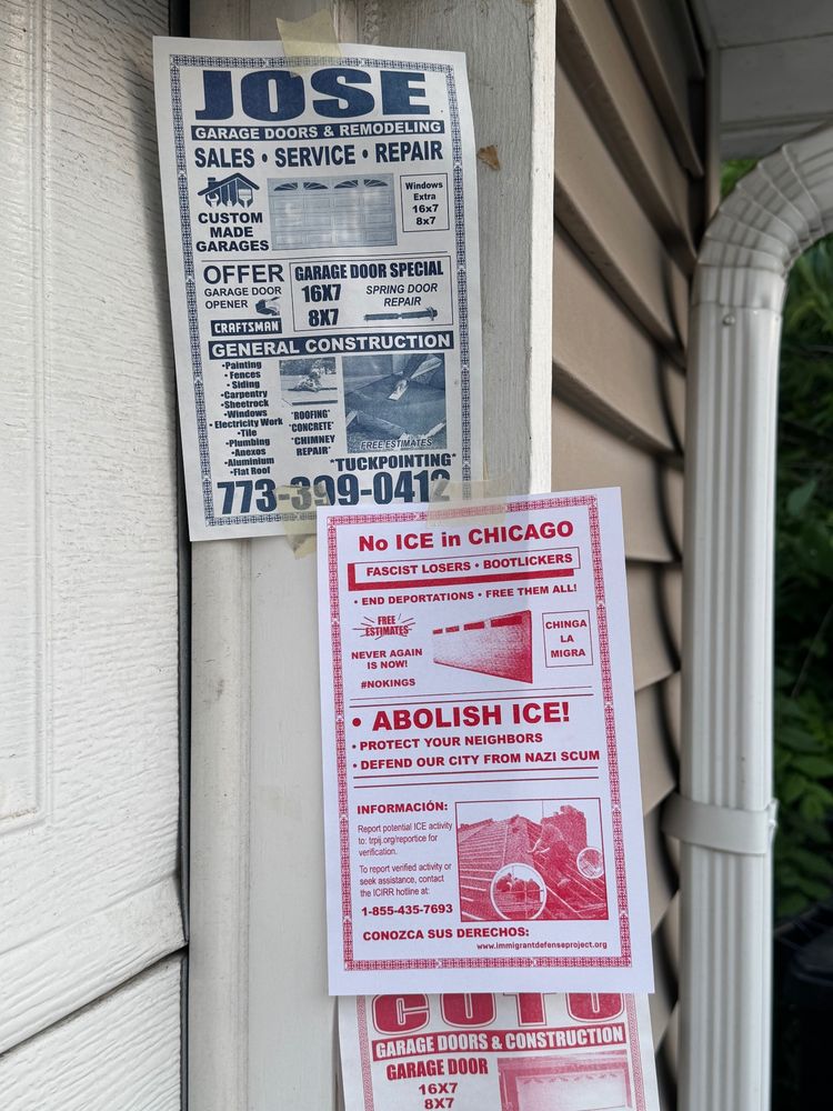 A flyer with red ink text/graphics in the style of those made by contractors selling their services, but with content about Abolishing ICE. It's taped to the side of a garage door and includes information about who to contact if you see ICE activity and links to Know Your Rights information. 

Above it is a flyer for another contractor named JOSE. 