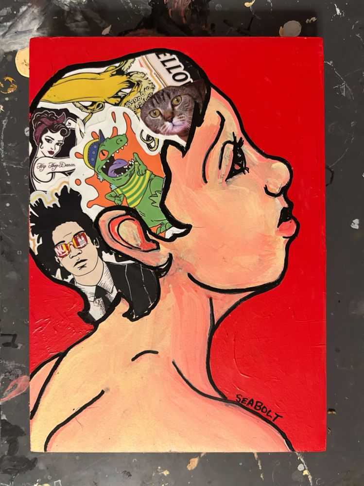 Collage painting pixie cut woman reptar basquit banana
