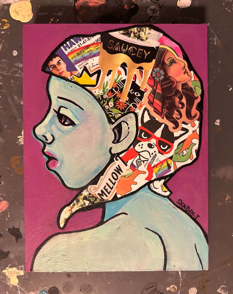 Collage painting of a blue woman nostalgic art mclovin