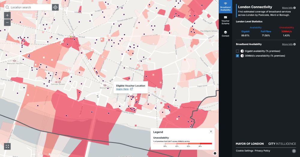 A map of London showing levels of broadband unavailability and locations (as dots) which are eligible for Gigabit Broadband Vouchers.