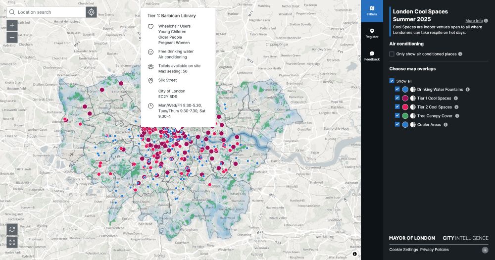 A screenshot of an interactive map of London, show cool areas and locations of various cool spaces and drinking fountains. 
