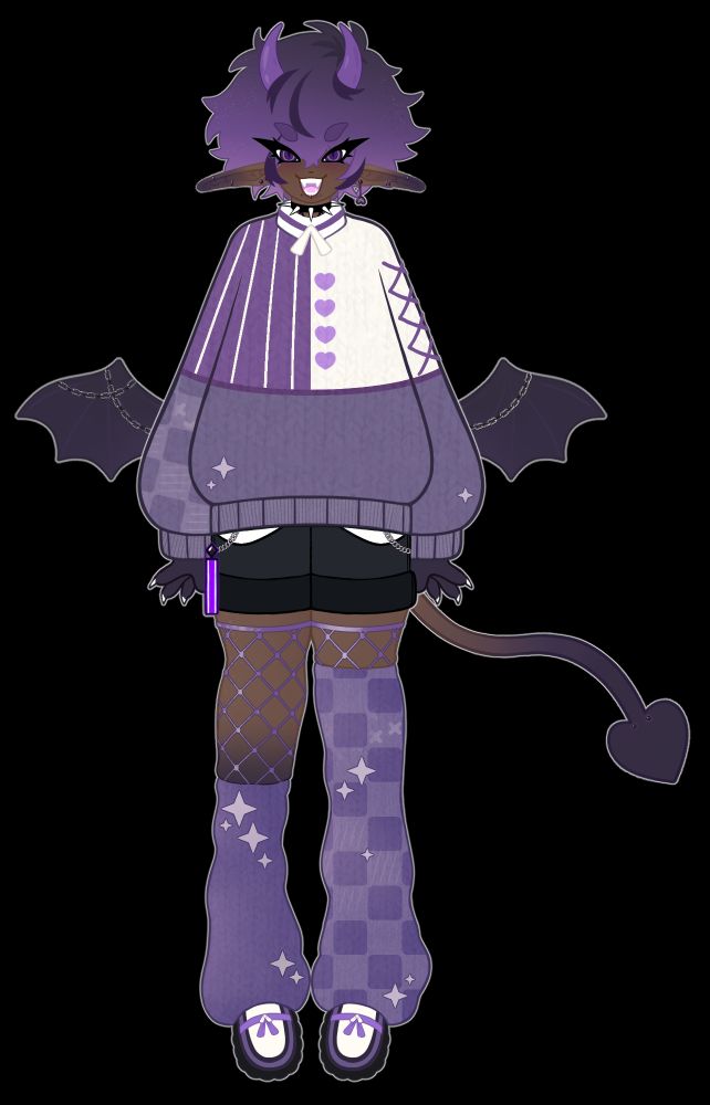 A demon boy named Little Freak. Oversized jumper, short black shorts, and mismatched leg warmers. He sports demon wings, a spaded tail, long elf-like ears, sharp canine teeth, and clawed fingers.