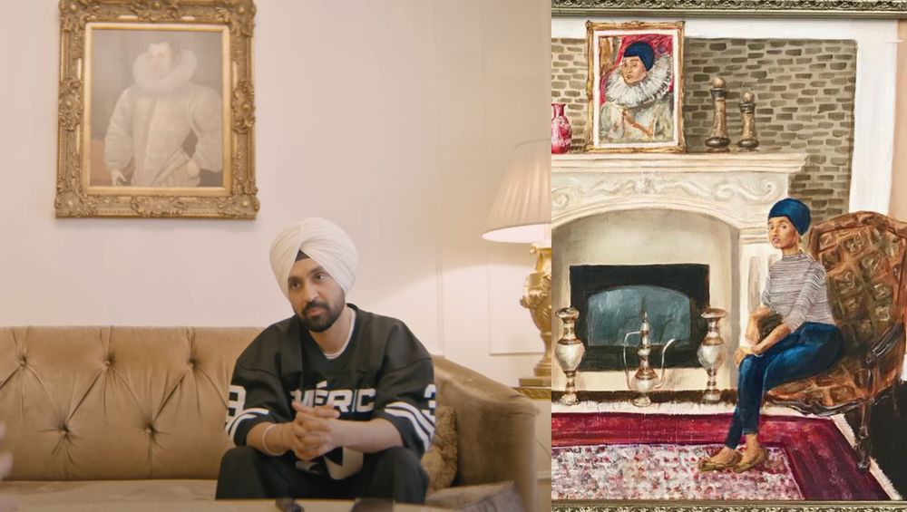 Twinned images: Diljit Dosanjh at Met Gala 2025 and Sunroop Kaur, Arist. Instagram post, 2019. In both images, someone in a turban sits in front of a gold framed painting of someone in an Elizabethan-style skull cap and ruff
