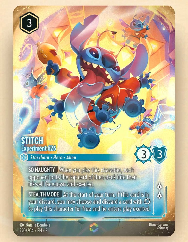 Stitch enchanted card for Lorcana TCG, showing him licking a glass wall, several stitches are behind him, looking for an out
