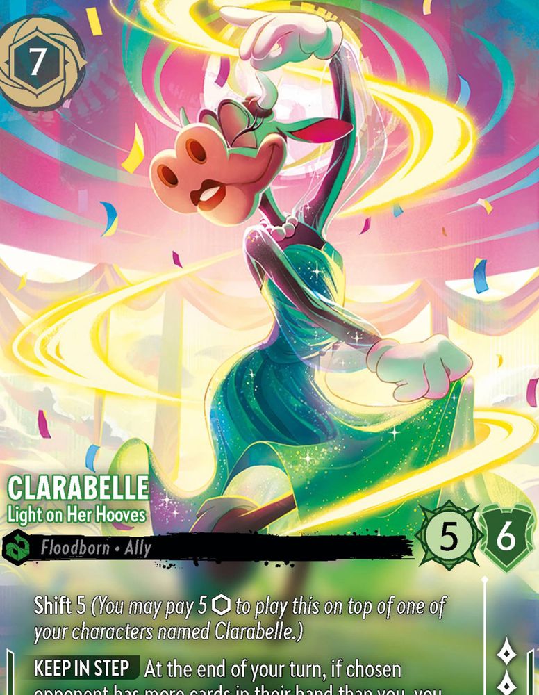Detail cut of Lorcana Clarabelle Enchanted of the Set Shimmering Skies. 