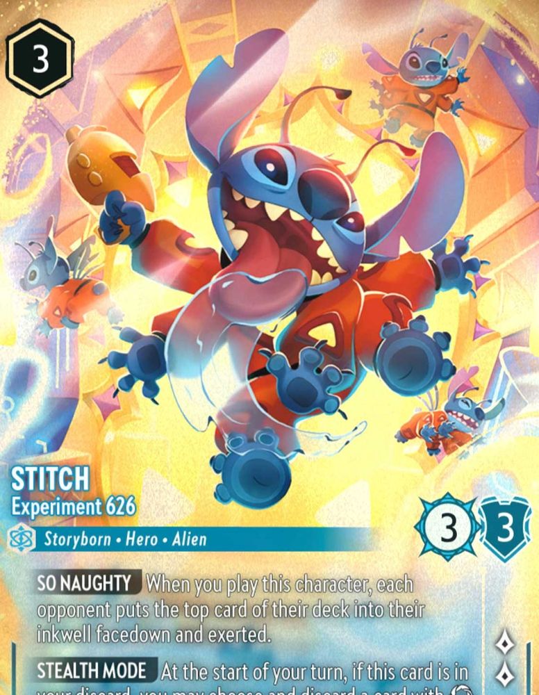 Stitch enchanted card for Lorcana TCG, showing him licking a glass wall, several stitches are behind him, looking for an out