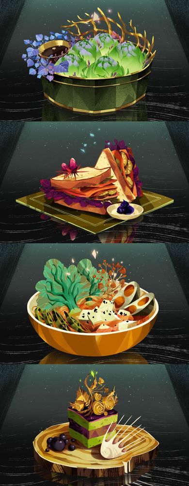 colorful foodillustrations of outer worldly dishes 