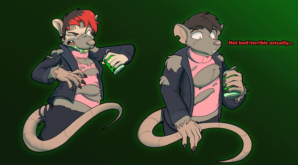 A red haired woman turning into a male skaven via a spiked energy drink 