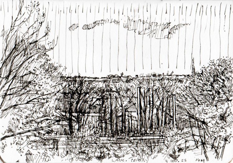 A pen and ink sketch of the view from Lancaster Priory looking toward Morecambe Bay