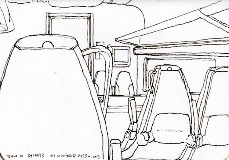 A pen and ink sketch of the interior of the train to Salford 