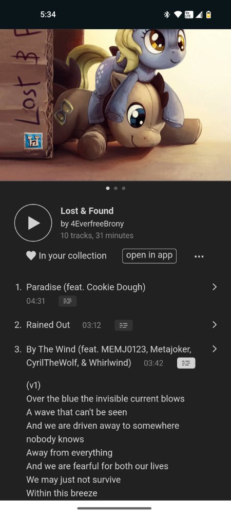 the view while in a browser. notice the dark mode, big play button and nicer layout for album info like title and artist, inclusion of album track count and play time metadata, nicer "lyrics" button for each track