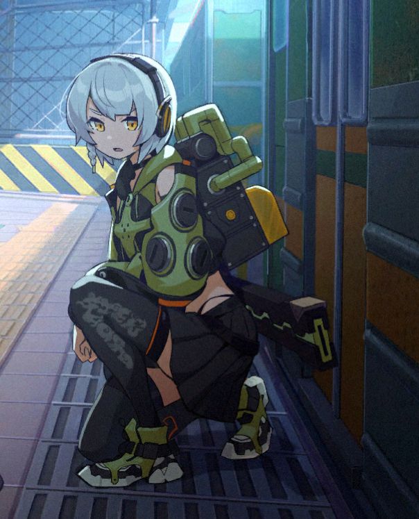 artwork of Anby crouching down next to a train, looking in the direction of the camera