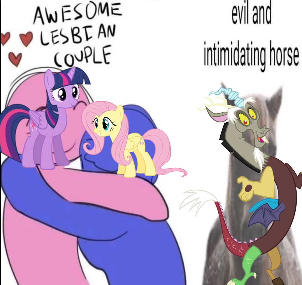 "awesome lesbian couple, evil and intimidating horse" meme with twishy as the couple and discord as the evil horse
