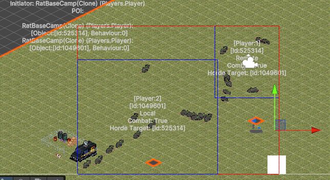 Screenshot of Isometric game in Unity scene editor, there are groups of rats, with bounding boxes and debug information on them.