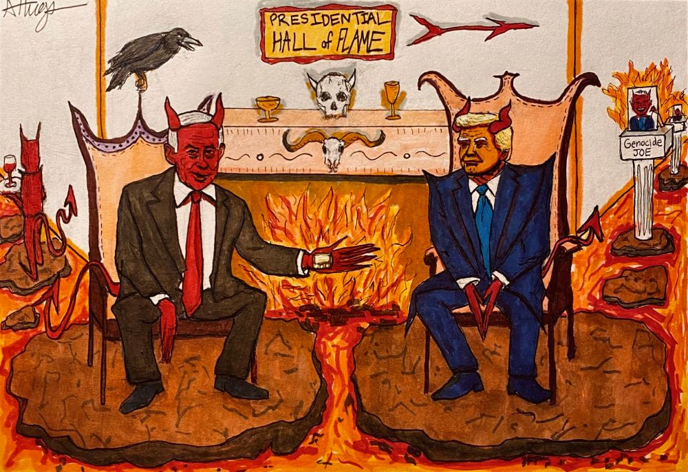 A satirical illustration titled "A Meeting in Hell" depicts Netanyahu and Trump with devil horns, red skin, and tails, seated in the Oval Office. Their chairs rest on rocks surrounded by lava, with a roaring fire in the fireplace. A crow perches on Netanyahu's chair as he holds out a golden beeper. To the left, a devil walks away holding a glass of wine. Above the fireplace mantle is a skull, and a sign on the wall reads "Presidential Hall of Flame," pointing to a hallway on the right. The hallway features columns with portraits of presidents in devil form, one labeled "Genocide Joe," engulfed in flames. 
