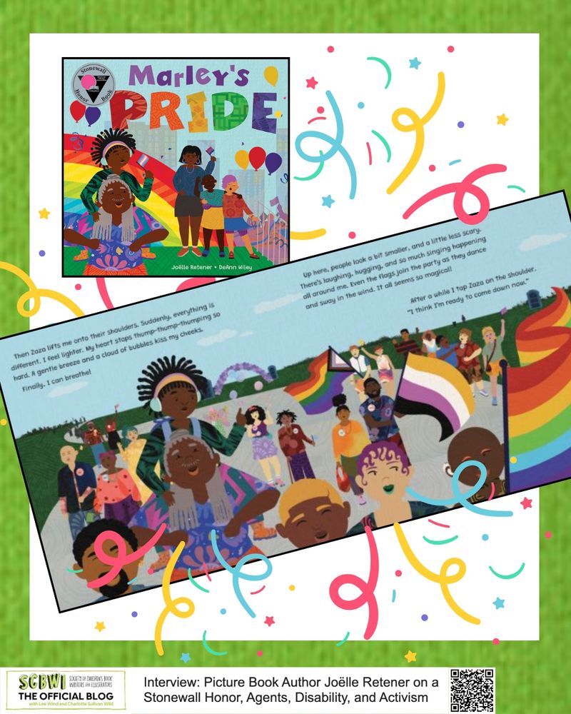 Cover of the picture book Marley's Pride, which features two Black nonbinary characters, one holding a trans flag in front of a rainbow at Pride. All shows an inside spread of the same Black characters at a Pride parade. 