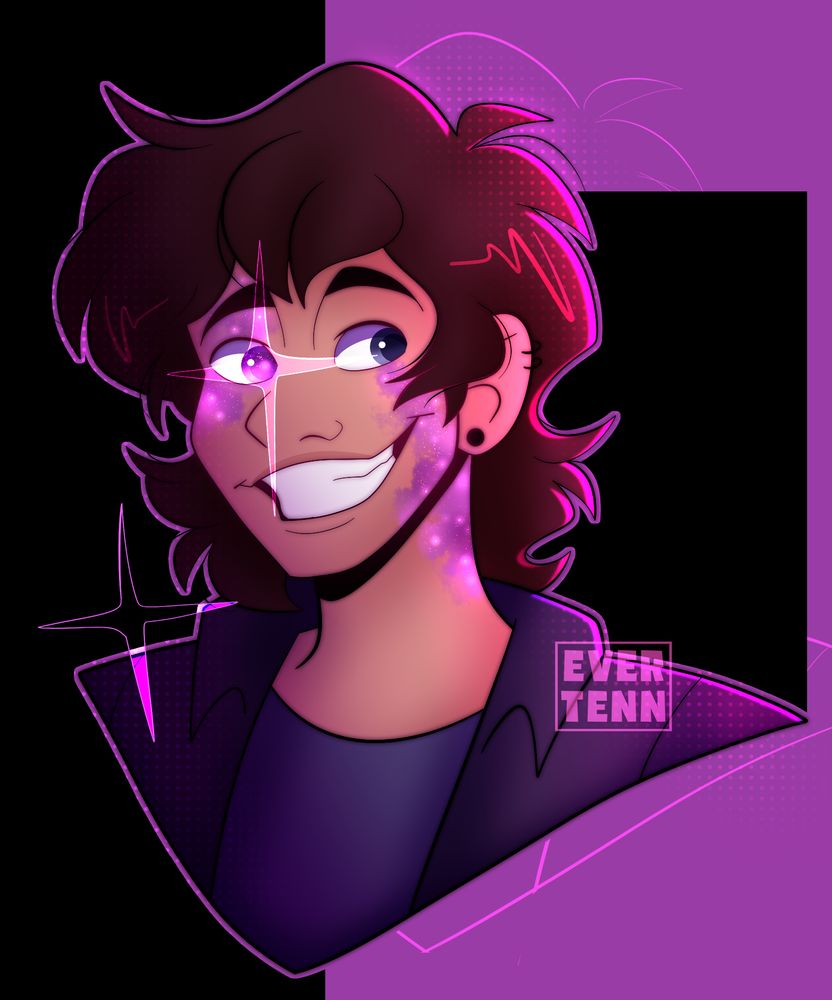[RANSOM] Bust art of my oc Ricky smiling. His skin has patches of glowing purple space and stars, which is part of his superpowers.